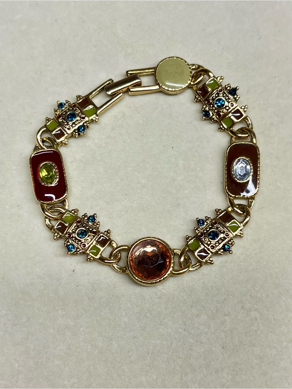 Liz Claiborne LC Signed Gold Tone Multicolor Enamel Cabochon Link Bracelet VTG